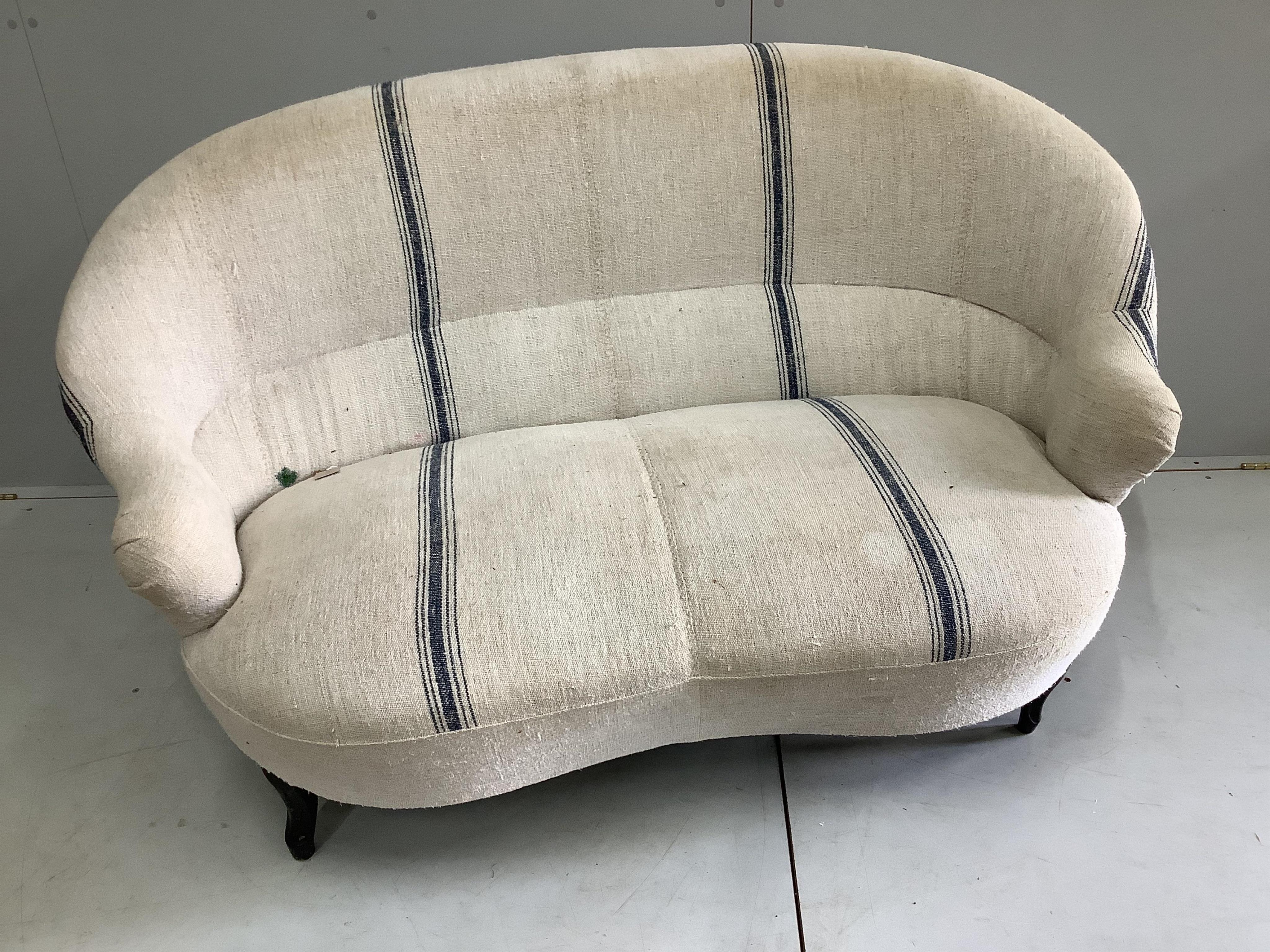 A Victorian tub framed settee, width 150cm, depth 65cm, height 80cm. Condition - fair